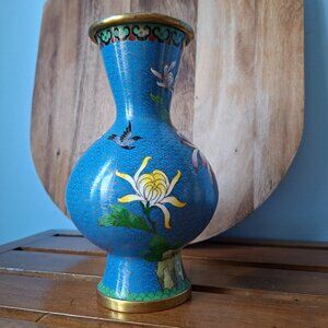 VTG MCM Chinese Cloisonné Vase 8" Blue Floral Bird Enamel Brass Trim